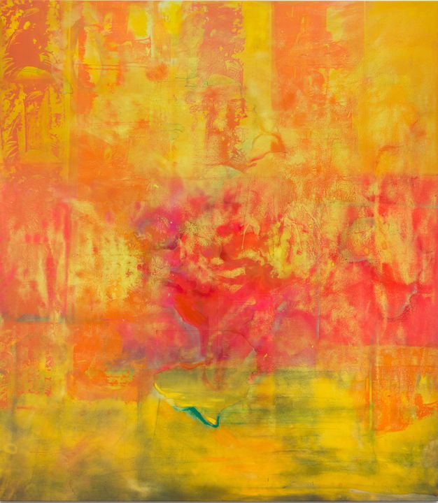 Abstract painting featuring vibrant, blended colors primarily in shades of orange, yellow, and red. The canvas displays a mix of textures, with bold brush strokes and layering. In places there are green undertones. 