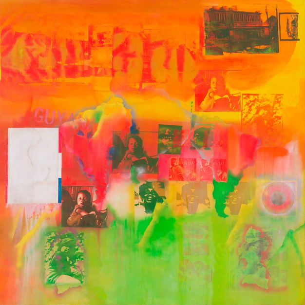 Abstract multicolored artwork featuring a collaged images and photographs blended with vibrant hues of orange, yellow, red, and green. Some elements in the image are partially obscured, contributing to a layered, textured effect. Visible images include a house at top right, a child whose image is repeated in several places, and the outline of South America. 