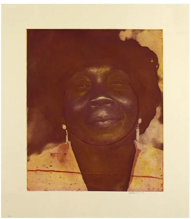 Portrait of a person with a serene expression, depicted using a rich, dark color palette. The subject is centered, wearing earrings, with a backdrop of abstract textures. The artwork is bordered by a light-colored frame, providing contrast to the vividness of the portrait.