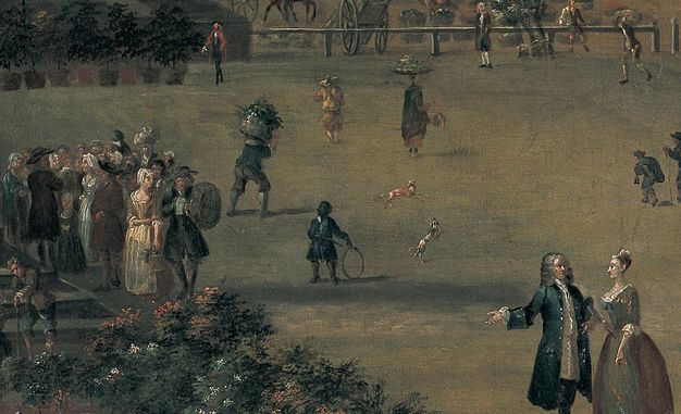 A historical painting depicting a bustling public garden scene. In the foreground, a gentleman and a lady engage in conversation, while nearby, groups of elegantly dressed figures are gathered, suggesting social interaction. Children are playing with hoops and dogs, adding liveliness to the scene. Various individuals are seen carrying baskets of flowers, and potted plants line the background, indicating horticultural activity. The setting suggests a leisurely event typical of the period, with mixed social classes and activities.