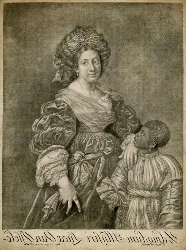 Engraving depicting a seated woman in elaborate 17th-century clothing, featuring a voluminous dress with ornate sleeves and a large, decorative headdress adorned with jewels. She is gazing forward, accompanied by a young boy standing to her side, wearing a striped garment. The boy looks up towards her, and the background is textured, suggesting a studio setting. Below the image, there is mirrored text with the artist's signature and inscription.