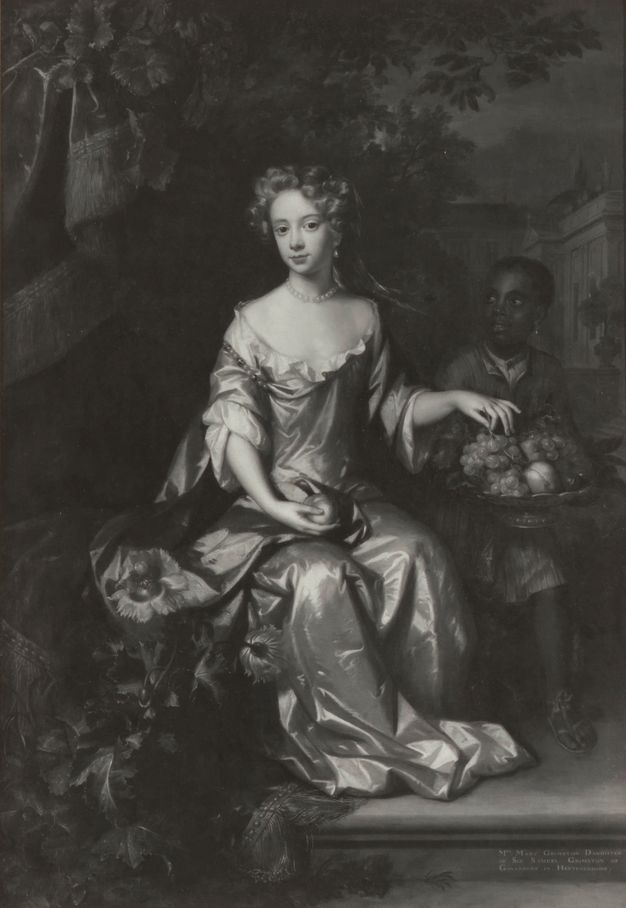 Black and white painting depicting an elegantly dressed woman seated in an outdoor setting. She wears a luxurious gown with intricate folds and holds a fruit, possibly an apple, in her right hand. To her right, a young child of African descent presents a platter of assorted fruits, including grapes, as they stand partially obscured by shadows. The background suggests a garden or natural environment with foliage, and there is architecture visible in the distance.