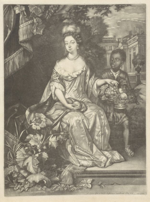 Seated woman in an elaborate dress, holding a small bird in her left hand. Beside her stands a servant boy, offering a basket of fruit. The background includes architectural and natural elements, such as large leaves and drapery on the left, with a distant building visible on the right. The artwork is monochromatic and appears to be an engraving.