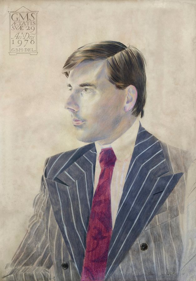 A portrait of a man gazing left. He wears a pinstripe suit with wide lapels, a white shirt, and a red tie. The background is a soft muted grey-beige. An inscription at the top left corner includes the text "GMS" and "1978".