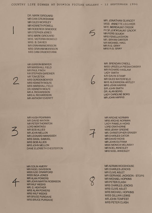 A white page with black text has the title "Country Life Dinner at Dulwich Picture Gallery – 12 September 1990". Eight sections of typed black text list attendees names, marked with large handwritten numbers from 1 to 8.