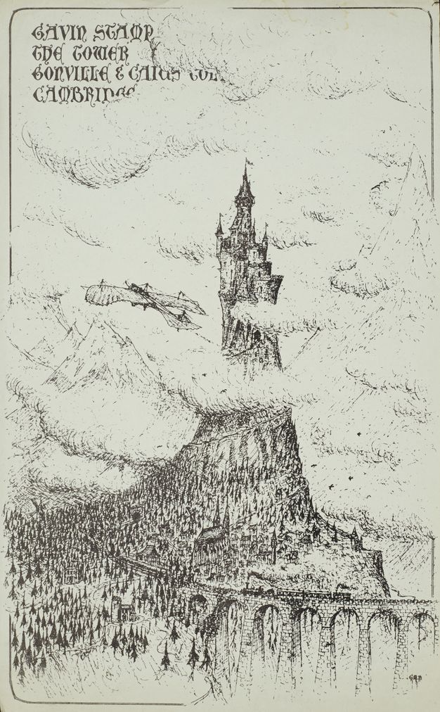 A castle tops a steep, rocky cliff surrounded by clouds and forest. A flying machine resembling a glider soars near the castle. In the foreground, an arched railway bridge connects to the cliff, and a steam train travels into the forest. Gothic script at top left reads "Gavin Stamp / The Tower / Gonville & Caius Col / Cambrid" with the last letters of some words obscured by clouds.