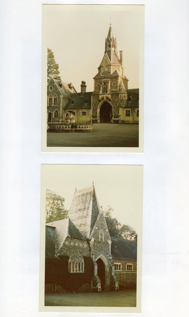 Two colour photographs on a white page show stone buildings. The upper photograph displays a large gatehouse with a prominent central archway and an ornate tower, surrounded by stone walls and steeply pitched roofs. The lower photograph shows a smaller stone building with a steeply pitched roof and a pointed gable, featuring decorative stonework and arched windows.