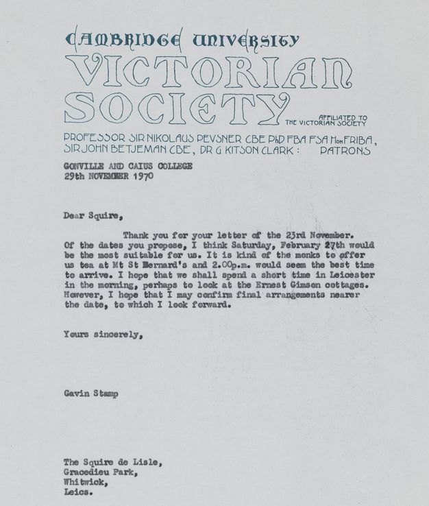 A typed letter on official stationery. Larger blue-green hand-designed text at the top reads "Cambridge University Victorian Society" with smaller text listing the society's patrons beneath. The body of the letter is typed in black ink and addressed "Dear Squire".