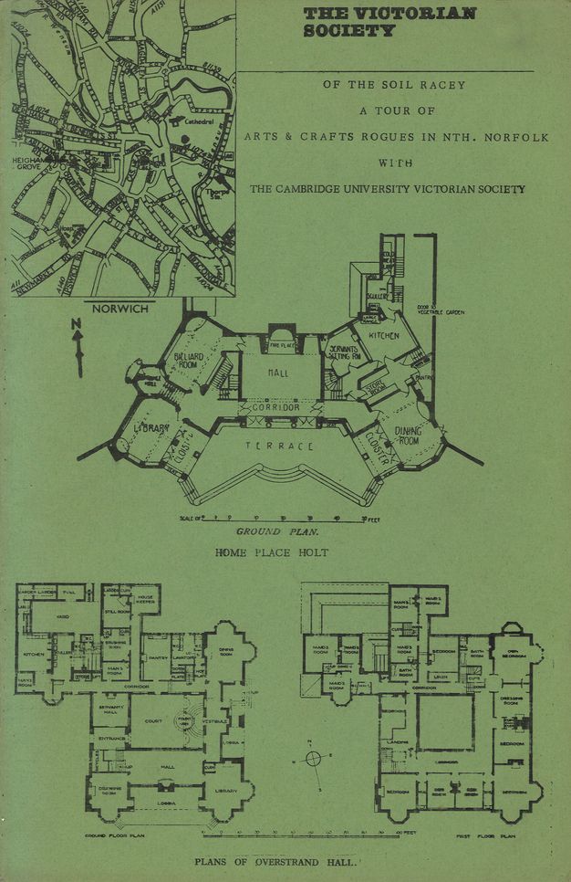 A green sheet displays black images of a street map and three architectural diagrams. Text under the map reads "Norwich". Text under the top diagram reads "Ground Plan / Home Place Holt". Text under the bottom two diagrams reads "Plans of Overstrand Hall".