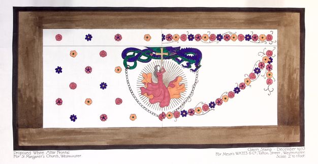 Hand-cloured design on a thin and rectangular white page in landscape format. A stylised sacred heart is encircled by a chain and surrounded by floral motifs in red, orange, and purple. The design is asymetric, with different floral arrangements on each side.