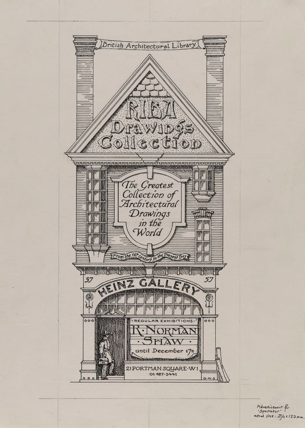 Black ink drawing on beige card shows the façade of an ornate three-storied building with a gabled roof. A banner stretched between its two chimneys reads "British Architectural Library". Text in different fonts, on each level of the façade, contains information such as "RIBA Drawings Collection" and "Heinz Gallery". A person stands in the doorway for scale.