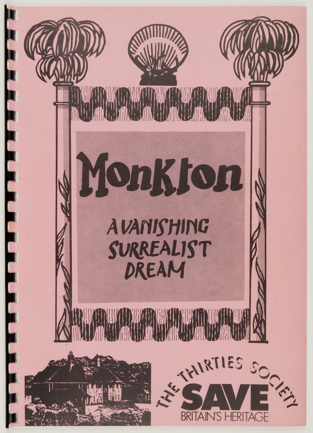Black graphic design on the pink cover page of a spiral-bound book. Text inside a bordered central box reads "Monkton / A vanishing / Surrealist / Dream". The border has two palm trees at the sides and a shell on top. An image of a house appears at bottom left next to text reading "The Thirties Society / Save Britain's Heritage".