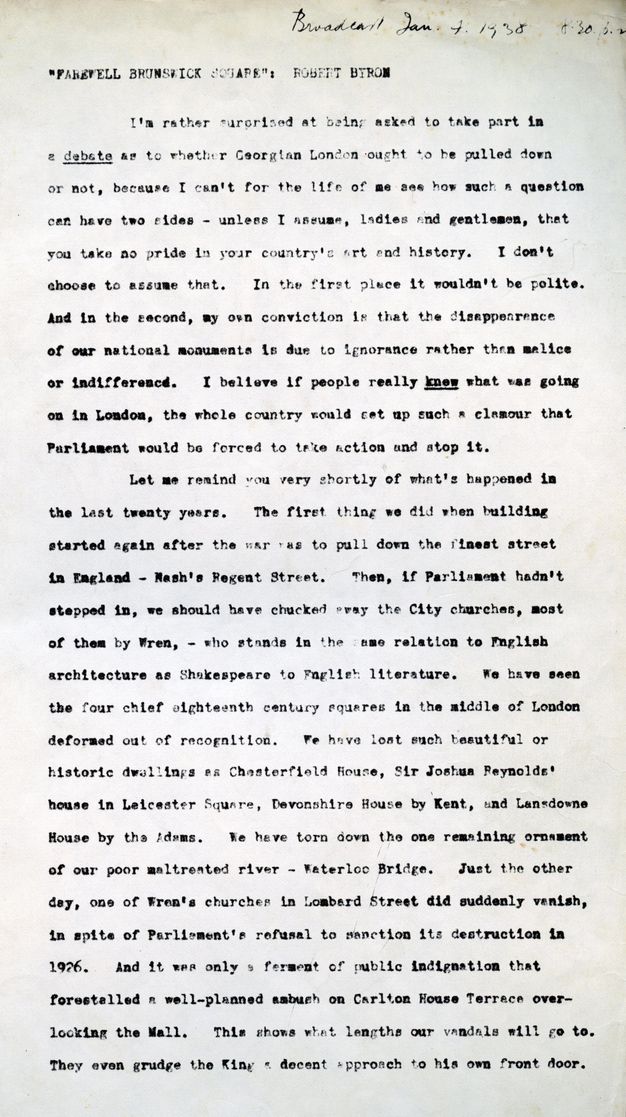 Black typed script on a long white sheet. At the top, text in all caps reads "Farewell Brunswick Square: Robert Byron" and is followed by two paragraphs of text written in the first person. Handwritten ink script at the top right reads "Broadcast Jan. 4 1938 8.30pm".