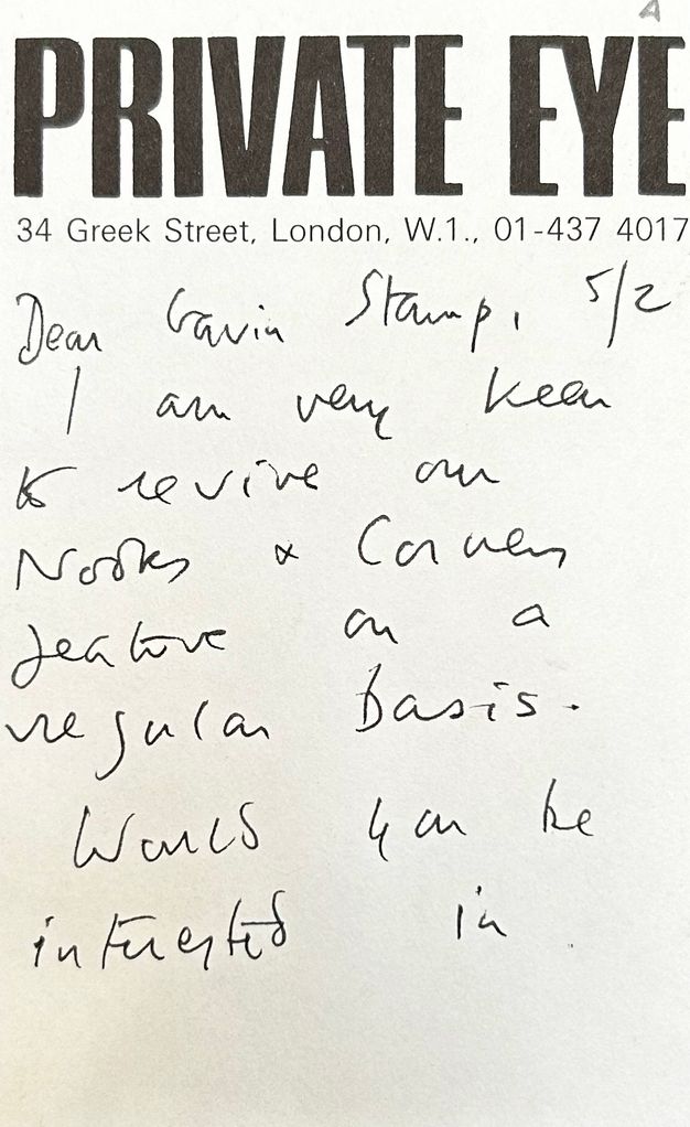 Handwritten note on letterhead with "Private Eye" written in bold black caps at the top, follwed by their address in smaller font. The handwriting in black ink is large and appears to be informal. It includes the sentence "I am very keen to revise our Nooks + Corners feature on a regular basis."