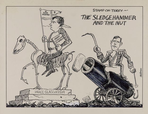 Black ink drawing on beige card. A cartoon is titled "The Sledgehammer and the Nut" in handwritten text at top right and depicts a scene with two characters. On the left, a man in armor rides a skeletal horse mounted on a plinth labeled "Mock Classicism." On the right, a man in Regency military uniform straddles a canon as he lights its fuse.