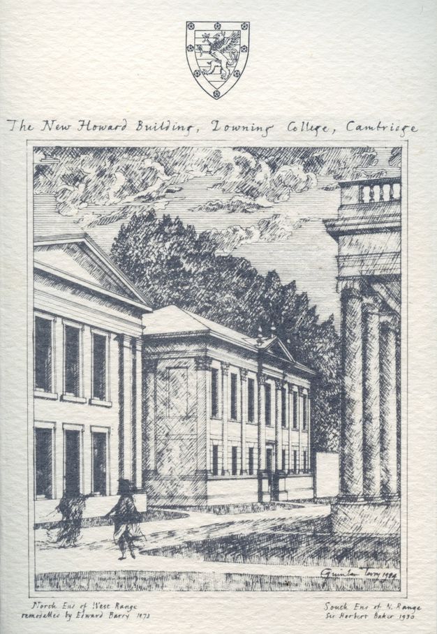 This black ink drawing on thick white art paper uses a mix of strong lines, cross-hatching, and shading to depict three buildings near one another. Each building has columns. In the foreground, two figures walk along a path. Above the illustration, text reads "The New Howard Building, Downing College, Cambridge," with a crest above.