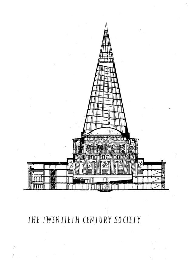 A detailed architectural drawing showcases a cross-section of a structure featuring a tall, conical spire atop a multi-tiered base adorned with intricate reliefs and decorative elements. The drawing illustrates the internal and external design elements, highlighting the symmetry and grandeur of the architecture. This image, labeled "The Twentieth Century Society," serves as an example of architectural style and design innovation, intended for study and analysis in an academic context.