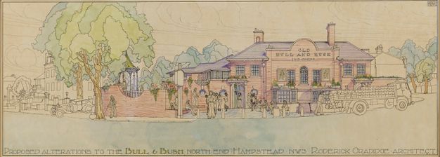 Architectural illustration showing proposed alterations to the Bull & Bush, an establishment located in North End, Hampstead, NW3. The drawing, dated March 19, 1973, and created by architect Roderick Gradidge, depicts a detailed exterior view of the building, which features classic architectural elements such as multiple windows with floral decorations, a prominent entryway, and surrounding landscape. The scene includes people and a truck, adding a lively and bustling atmosphere to the composition.