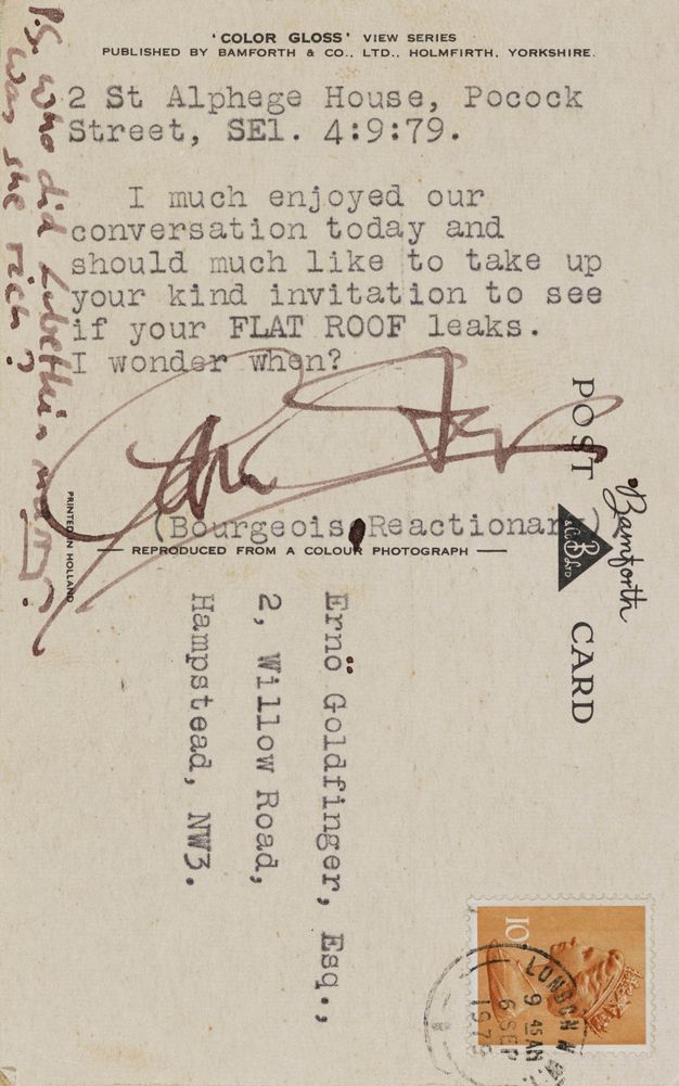 A vintage postcard featuring typed and handwritten text. The typewritten message, dated September 4, 1979, is from "2 St Alphege House, Pocock Street, SE1" and addressed to "Ernö Goldfinger, Esq., 2 Willow Road, Hampstead, NW3." The message mentions a conversation and an invitation to inspect a flat roof's leaks. Handwritten annotations include a signature and the note “P.S. Who did Isabelle's was
