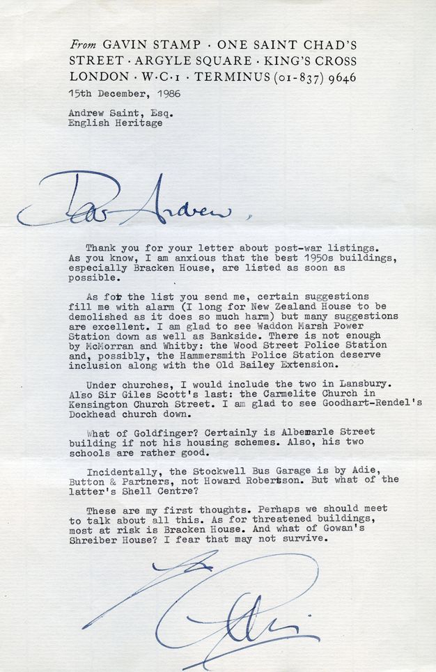 Letter on stationery from Gavin Stamp, dated December 15, 1986, addressed to Andrew Saint of English Heritage. The letter discusses post-war building listings, emphasizing the importance of listing 1950s buildings such as Bracken House. It expresses concern over certain architectural suggestions, favoring sites like Waddon Marsh Power Station and Bankside.