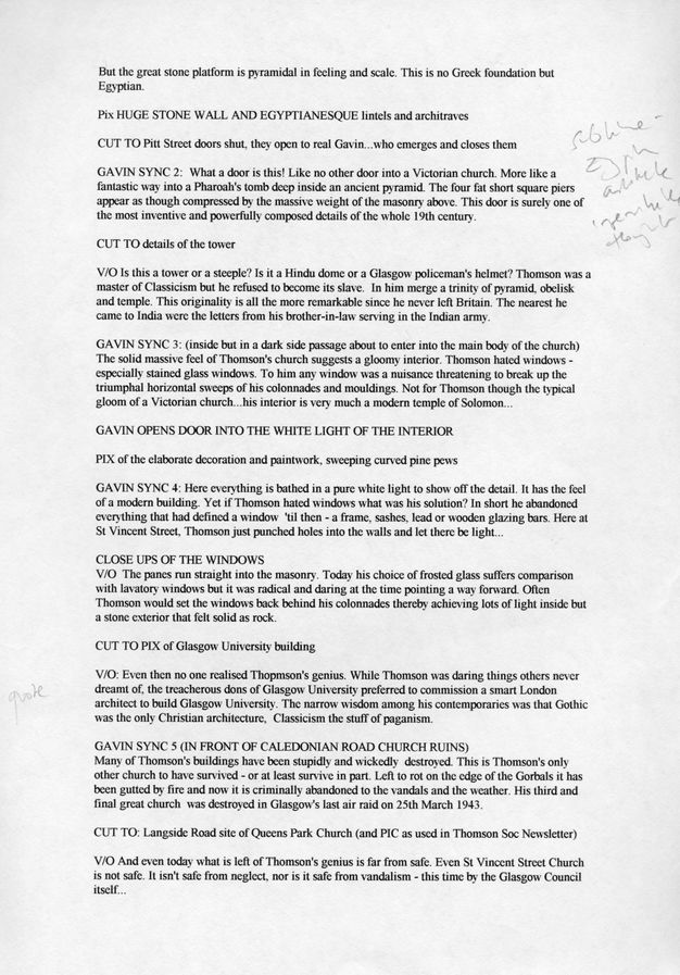 A scanned typewritten page containing a mix of narrative and dialogue, focusing on architectural elements and historical commentary. The text references Egyptian and Victorian design, with detailed descriptions of stone walls, doors, towers, and church interiors. Notations are made in the margins, and there's a mention of Glasgow University and renowned architect Thomson. The content appears to be part of a script or commentary on architectural history, with a focus on Thomson's innovative style and challenges faced in preserving his work.