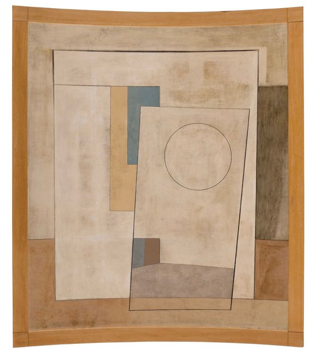 Abstract painting featuring a composition of geometric shapes and muted colors. The artwork includes overlapping rectangles and a trapezoidal shape with a circular outline inside it. The palette consists of beige, cream, light blue, and gray. The wooden frame has a curved border.