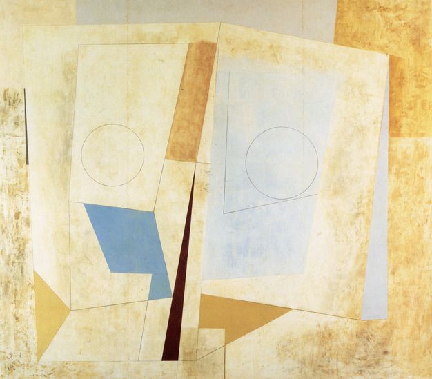 Abstract painting featuring geometric shapes with overlapping rectangles and triangles in neutral tones, including beige, light blue, and gold. The composition includes two large rectangular forms with circular outlines, creating a layered spatial effect. Subtle textured surfaces add depth, enhancing the minimalist aesthetic.