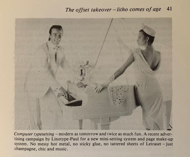 Black and white photograph on cream paper with a typed caption underneath. A man on the left, dressed in a white tuxedo, pushes keys on a small keyboard laid on top of the keys of a white grand piano. A woman in an elegant white gown is to the right. Text at the top right reads "The offset takeover – litho comes of age". The caption starts with the text "computer typesetting".