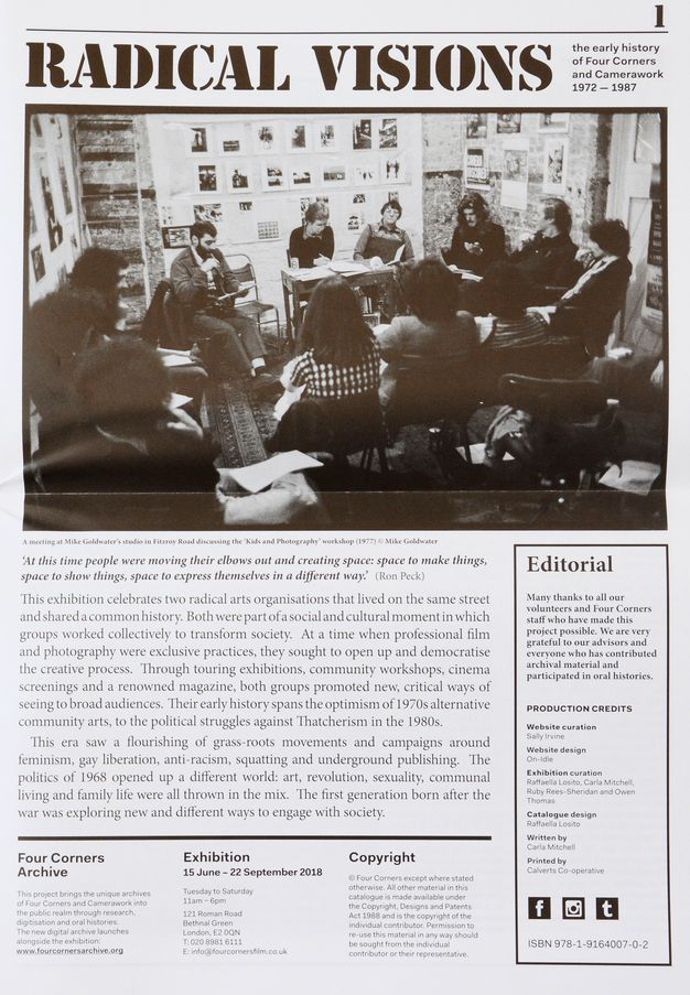 The image is of a publication titled "Radical Visions," covering the early history of Four Corners and Camerawork from 1972 to 1987. The central black-and-white photograph captures a meeting at Mike Goldwater's studio, displaying several participants engaged in discussion. Behind them, the walls are adorned with photographs and artworks. Below the image is a quote from Ron Peck and text about the exhibition celebrating two radical arts organizations.