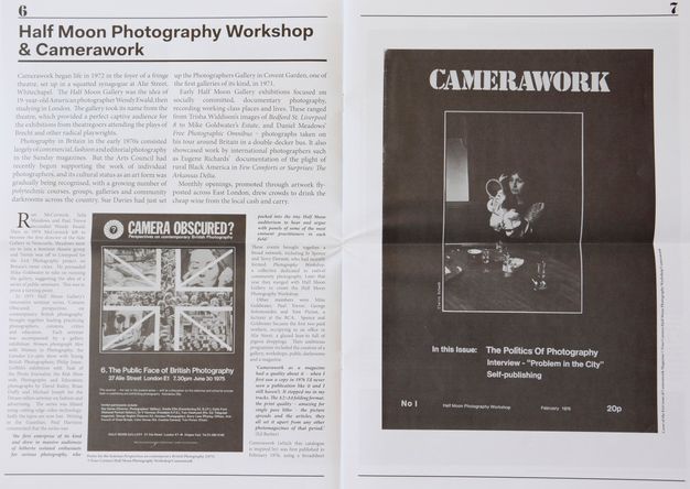 A two-page spread from Camerawork magazine featuring text and visuals. The left page contains an article titled "Half Moon Photography Workshop & Camerawork," detailing the history and focus of the Camerawork magazine and gallery. Below the article is a promotional poster for an event titled "Camera Obscured? Perspectives on contemporary British Photography," held on June 30, 1975.